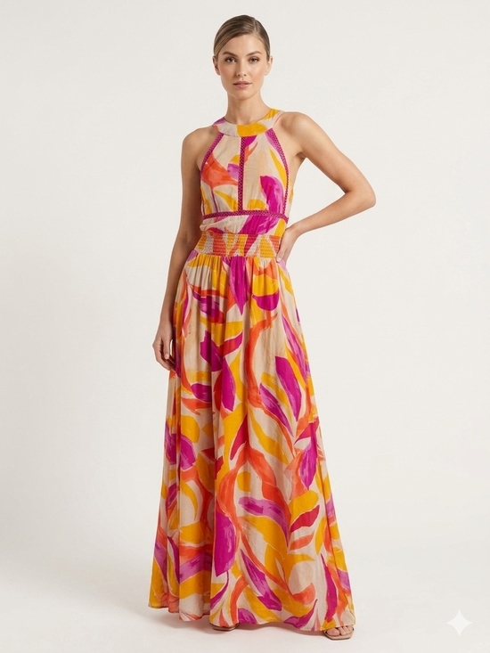 Anthropologie Dresses & Skirts - Anthropologie Pink, Yellow & Orange Halter Maxi Dress Sleeveless Size M